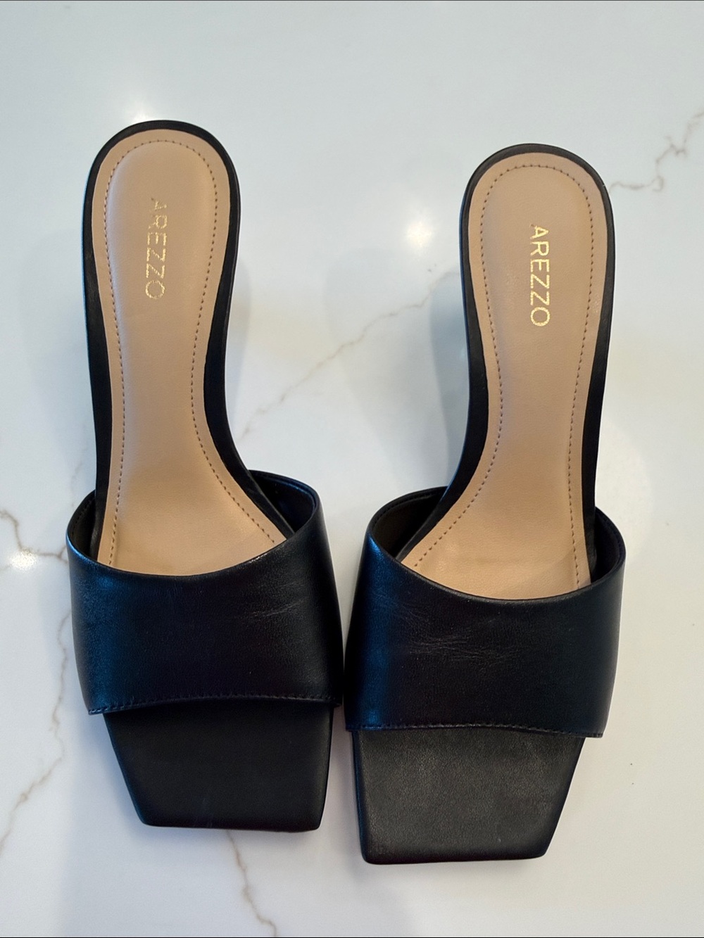 Arezzo Black Leather Square-Toe Slide Mules
